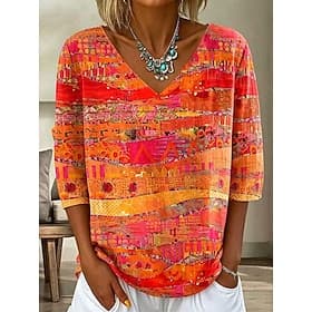 Femmes Chemise Graphique Abstrait Bohème ancien Mode Manche 3/4 Col en V Hauts Réguliers Occasionnel Quotidien Sortir Bleu Jaune Orange Été Printemps