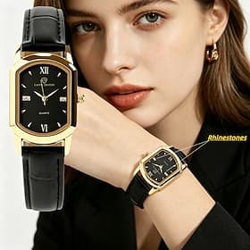 Montre à quartz pour femme, élégant boîtier rectangulaire doré orné de strass Montre élégante pour femme, chiffres romains, bracelet en cuir noir, style busine