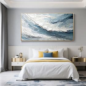 Peinture à l'huile sur toile, grand format, texturée en 3D, représentant une plage océanique. Art mural abstrait avec vagues marines, style wabi-sabi, idéal po