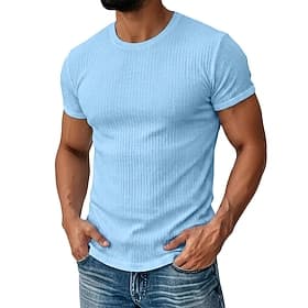 Homme T-shirt T-shirt en tricot côtelé Manches courtes Col ras du cou Été Uni Bande de Fosse Mode Designer Basique Pur Occasionnel Vacances Rue Bleu Blanche Ja