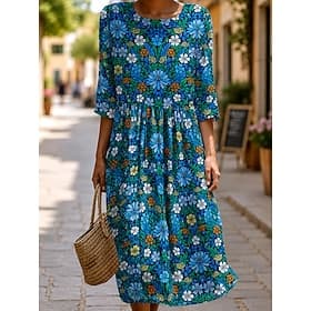 Femmes Robe Midi Robe Décontractée Robe d'été Vacances Occasionnel Chaussures de plage Plage Fête Coupe régulière Fleuri Graphique Manche 3/4 Col ras du cou Bl