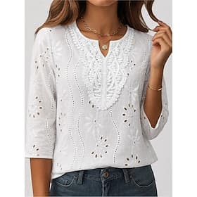 Femmes Chemise Haut à œillets Froncé Broderie Imprimé Uni Vacances Mode Quotidien Manche 3/4 Col en V Hauts Réguliers Occasionnel Sortir Blanche Été Printemps