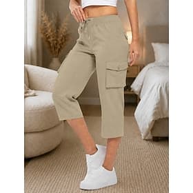 Women's Capri Pants Slacks Parachute Pants Casual Daily Casual Calf-Length Natural Plain Pocket Elastic Drawstring Design Breathability Soft Inelastic Daily Va