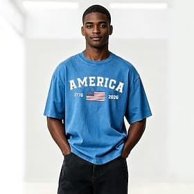 4 juillet 2026, 250e anniversaire Homme Drapeau Américain 1776 Chemise délavée à l'acide T-shirt épais Manche Courte T-shirt DTG Col ras du cou Chemise Patriot
