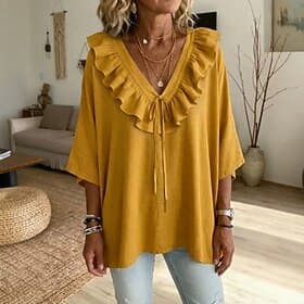 Femmes Chemise Chemisier Sweat Couleur Unie Élégant Mode Quotidien Manche 3/4 Col en V Hauts Longs Occasionnel Quotidien Extérieur Bleu Ciel Blanche Jaune bleu