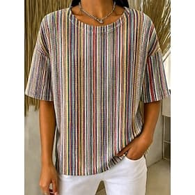 Femmes Tee-shirt Gaufre Tops tricotés texturés Graphique Géométrique Rayé Élégant Classique Manche Courte Col ras du cou Hauts Réguliers Occasionnel Quotidien