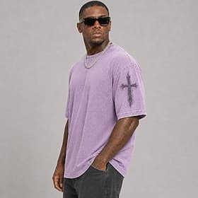 T-shirt homme à manches courtes, col rond, imprimé croix, style religieux, 100 % coton, délavé à l'acide, tendance, idéal pour le printemps et l'été.