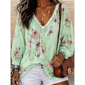 Femmes Chemise Haut à œillets 100% Coton Chemise Bohème Jacquard Cordon de serrage A Ombre Fleuri Graphique Élégant Bohème Actif manche longue Col en V Hauts R