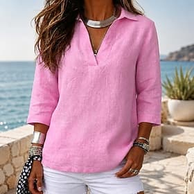 Femmes Coton lavé Chemise en lin Texturé ancien Manche 3/4 Col de chemise Blanche Noir Rose Claire Printemps, Automne, Hiver, Été