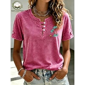 Women's 100% Cotton T Shirt Vintage Washed Tops Print Graphic Plants Vintage Fashion Stylish Short Sleeve Crew Neck Regular Tops Casual Daily Blue Black Pink S