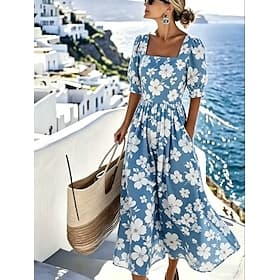 Femmes Robe Midi Robe trapèze Vacances Plage Fête Coupe régulière Fleuri Graphique Manche Courte Col carré Bleu Rose Claire Bleu de minuit Été Printemps