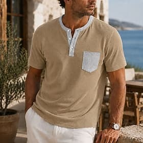 Homme T-shirt Henley gaufré Manche Courte Couleur Unie Élégant Vacances Occasionnel Bloc de Couleur Col Henley Occasionnel Printemps Été Été Printemps Kaki No