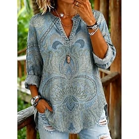 Femmes Chemisier Imprimé Graphique Paisley ancien Quotidien Élégant manche longue Col en V Hauts Réguliers Occasionnel Quotidien Bleu Rose Claire Été Printemps