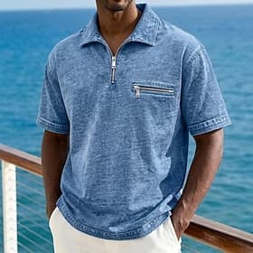Homme Chemise délavée à l'acide Chemise de golf Occasionnel Travail Revers Zip quart Manche Courte Mode Basique Couleur Unie Fermeture éclair Poche à Fermeture