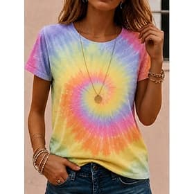 Women's T Shirt Print Ombre Tie Dye Casual Short Sleeve Round Neck Regular Tops Casual Daily Yellow Rainbow Apricot Summer Spring Fall Winter