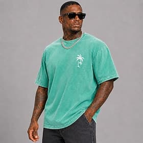 T-shirt homme à manches courtes, col rond, imprimé feuilles de palmier et noix de coco, style hawaïen, 100 % coton, délavage à l'acide, coupe épaisse.