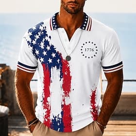 4th of July 2026 250th Men's American US Flag Hawaiian Polo Shirts Short Sleeve Polo Shirts Collared Shirts Casual Athleisure Daily Wear Festival Outfit 3D Pri