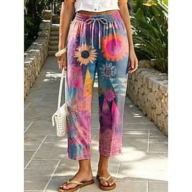 Femmes Pantalon décontracté Vacances Longueur cheville Taille Moyenne Fleuri Confort Non Elastique Quotidien Vacances Rose Claire Vert Été Printemps Coupe Ampl