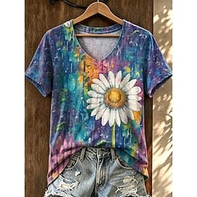 Femmes T-shirt Imprimé Fleuri Graphique Élégant Classique Occasionnel Manche Courte Col en V Hauts Réguliers Occasionnel Quotidien Bleu Jaune Été Printemps
