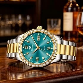 Montre de luxe pour homme, bracelet bicolore en acier inoxydable or et argent, cadran vert émeraude soleillé avec lunette en cristal Montre à quartz analogique
