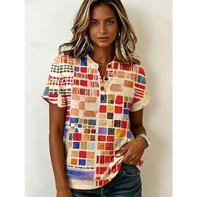Women's Blouse Graphic Geometric Elegant Vacation Vintage Short Sleeve Henry Collar Regular Tops Casual Yellow Pink Orange Summer Spring