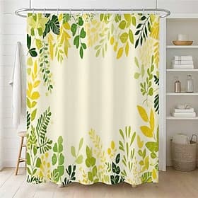 Rideau de douche imprimé de feuilles de plantes, décoration de salle de bain en tissu au style artistique avec 12 crochets en plastique, lavable en machine. Ac