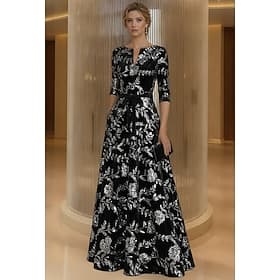Ligne A Longueur au sol Robe de Cérémonie Robe de Soirée Tenue de soirée Élégant Scintillant Éclat Manche 3/4 Col ras du cou Formel Cravate noire Velours Tissu