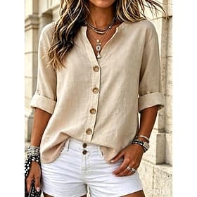 Femmes Chemises en coton et lin Chemisier Boutons Couleur Unie Uni Quotidien Occasionnel manche longue Manche 3/4 Col en V Hauts Longs Occasionnel Quotidien Ka