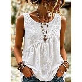 Femmes Chemise Couleur Unie A Ombre Fleuri Élégant Bohème Vacances Sans manches Manche Courte Col ras du cou Hauts Réguliers Occasionnel Blanche Été Printemps