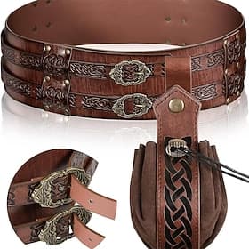Set Rétro Vintage Médiéval Renaissance Ceinture Taille Sac Banane avec accessoires Guerrier Viking Ranger Déguisement Homme Fantaisie Halloween Carnaval Foire