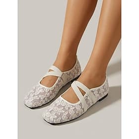 Ballerines en dentelle blanc cassé pour femmes - ballerines Mary Jane en maille à bout carré pointu et brides élastiques, idéales pour les promenades quotidien
