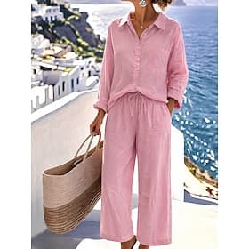 Women's Cotton Linen Pants Sets Bolero Top Long Sleeve Shirt Collar Solid Color Fashion Streetwear Casual Daily Outdoor Blue Black White Summer Loose Fit
