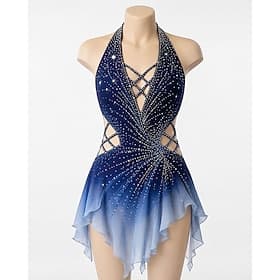 Robe de patinage artistique Femmes Patinage Robe Bleu marine Patchwork Dos Nu Élastique Entraînement Compétition Tenue de Patinage Classique cristal pailleté S