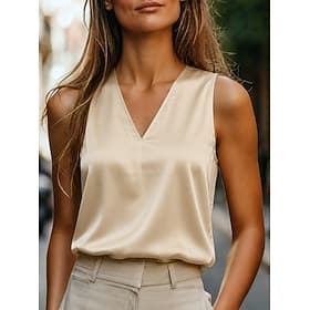 Femmes Chemise Chemisier en satin Uni Élégant Travail Occasionnel Sans manches Col en V Hauts Réguliers Quotidien Extérieur Champagne Été