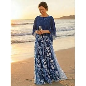 Ligne A Longueur au sol Robe en Dentelle Robe de Mère de Mariée Demi Manches Col ras du cou Élégant ancien Echarpe incluse Formel robe demoiselle d honneur Fê