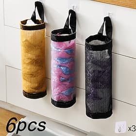 Lot de 6 sacs de rangement de cuisine avec crochets (3 sacs, 3 crochets) - Organisateur de sacs en plastique suspendus réutilisables en filet, gain de place, d