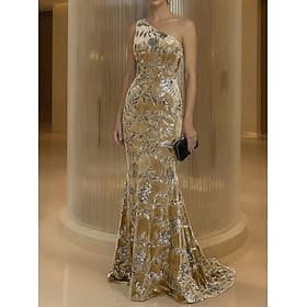 Sirène Trompette Traîne Balayage Robe de Soirée Élégant Éclat Robes semi-formelles Sans manches Une Épaule Soirée Mariage Velours avec Paillettes Bloc de Coule