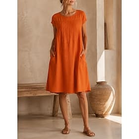 Femmes Robe Longueur Genou Robe en Coton ancien Quotidien Coupe Ample Couleur Unie Manche Courte Col ras du cou Rouge bleu marine Vert militaire Printemps