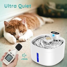 chat cw-wsj2 Fontaine à eau pour chien - Fontaine à eau automatique sans fil de 2,6 l (88 oz) avec indicateur de niveau d'eau, détecteur de mouvement, ultra-si