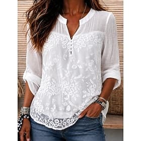 Femmes Chemise Bohème Chemise en Dentelle Dentelle A Ombre Fleuri Graphique Élégant Bohème Vacances Manche 3/4 Col en V Hauts Longs Occasionnel Quotidien Sorti
