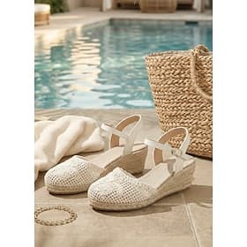 Women's Crochet Lace Espadrille Wedge Sandals - White Knit Breathable Platform Summer Beach Shoes with Ankle Strap for Tropical Vacation Cruise