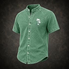 Chemise homme Softfade™ décontractée, chemise en jean, chemise délavée à l'acide, teinte en pièce rose, vert, kaki, gris, bleu clair, manches courtes, col mao,