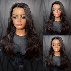 Perruque en cheveux humains naturels, fermeture 5x5, lace front 13x4, raie libre, cheveux brésiliens ondulés brun foncé, densité 150%/180% avec baby hair, lign