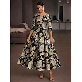 Ligne A Longueur cheville Robe de Cérémonie Robes de Cocktail Élégant Floral Manche 3/4 Col en V Mariage Formel Jacquard Dos Bénitier avec Plis