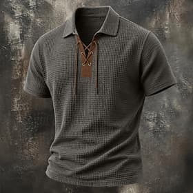 Homme T-shirt Henley gaufré T-shirt Manche Courte Col Rabattu Col à lacets Été Printemps Toutes saisons Couleur Unie ancien Mode Designer Boutons Occasionnel Q