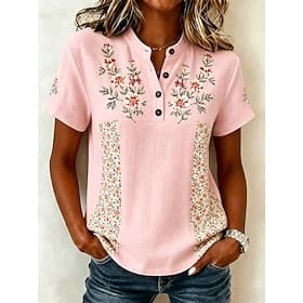 Women's Shirt Buttons Print Floral Graphic Vintage Stylish Short Sleeve V Neck Regular Tops Casual Daily Holiday White Yellow Pink Summer Spring