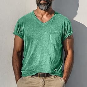 Homme T-shirt en coton Chemise délavée T-shirt Manche Courte Col en V Été Printemps Toutes saisons Couleur Unie Uni Rétro Vintage Affligé Avec Poches Teinture