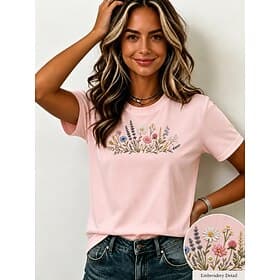 Femmes 100% Coton T-shirt Broderie Fleuri ancien Élégant Occasionnel Manche Courte Col ras du cou Hauts Longs Occasionnel Quotidien Week-end Rose Claire Été Pr