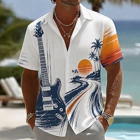 Homme Guitare Cocotier Plantes Tropicales Chemise hawaïenne Chemises tropicales Chemise Aloha Manche Courte Hawaïen Quotidien Vacances à la Plage Été Printemps