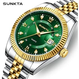Montre femme Sunkta, élégante montre-bracelet à quartz pour femme avec cadran vert émeraude, loupe de date, bracelet en acier inoxydable bicolore or et argent